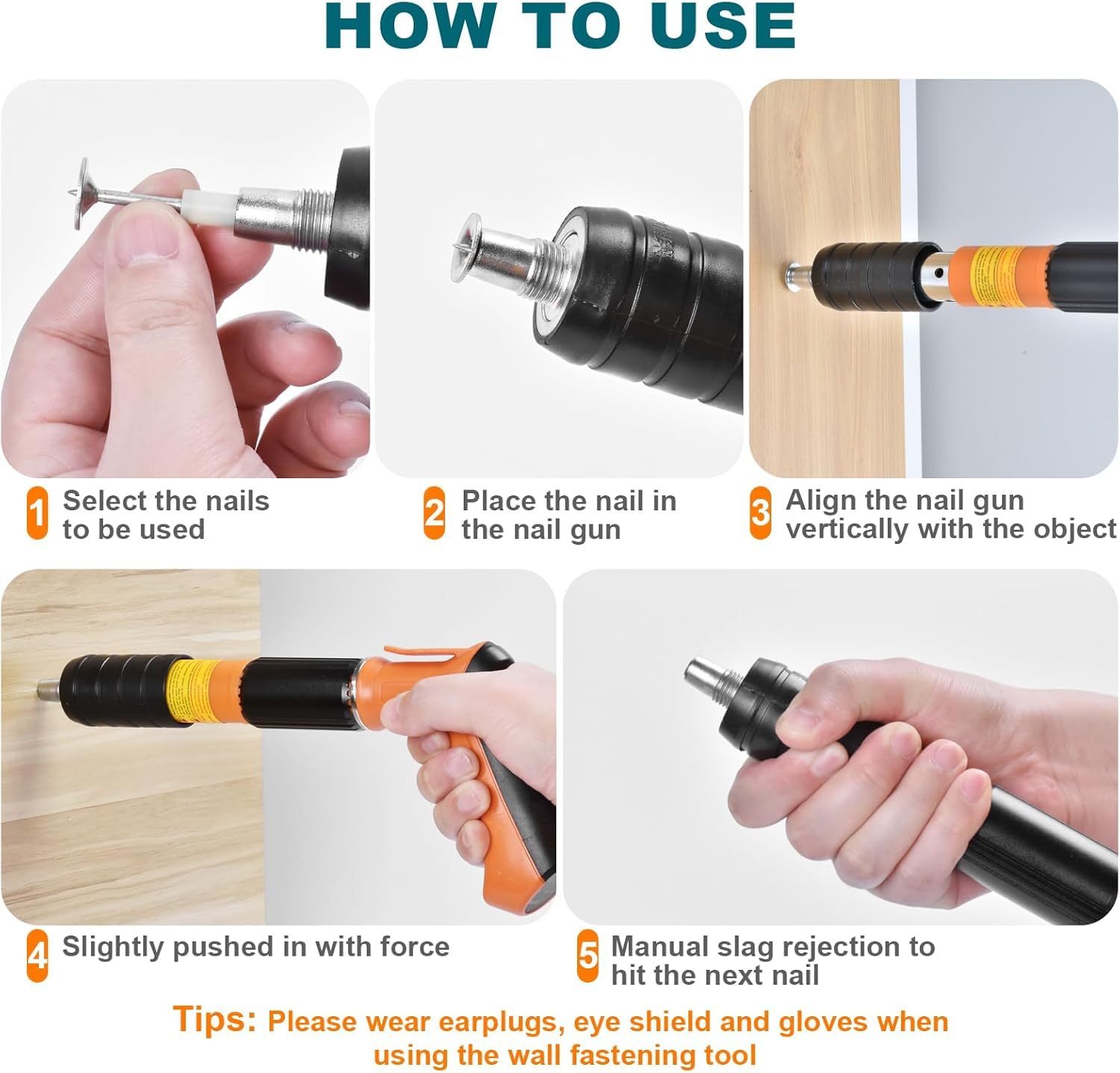 Cloueur Beton avec 200 Clou,Cloueuse avec 5 Niveaux de Réglable,Pistolet à Clous Manuel avec Gants et Lunettes,Pistolet à Ongles Portable,Kit pour Ongles en Béton,pour Murs en Béton,Plafonds (Orange)