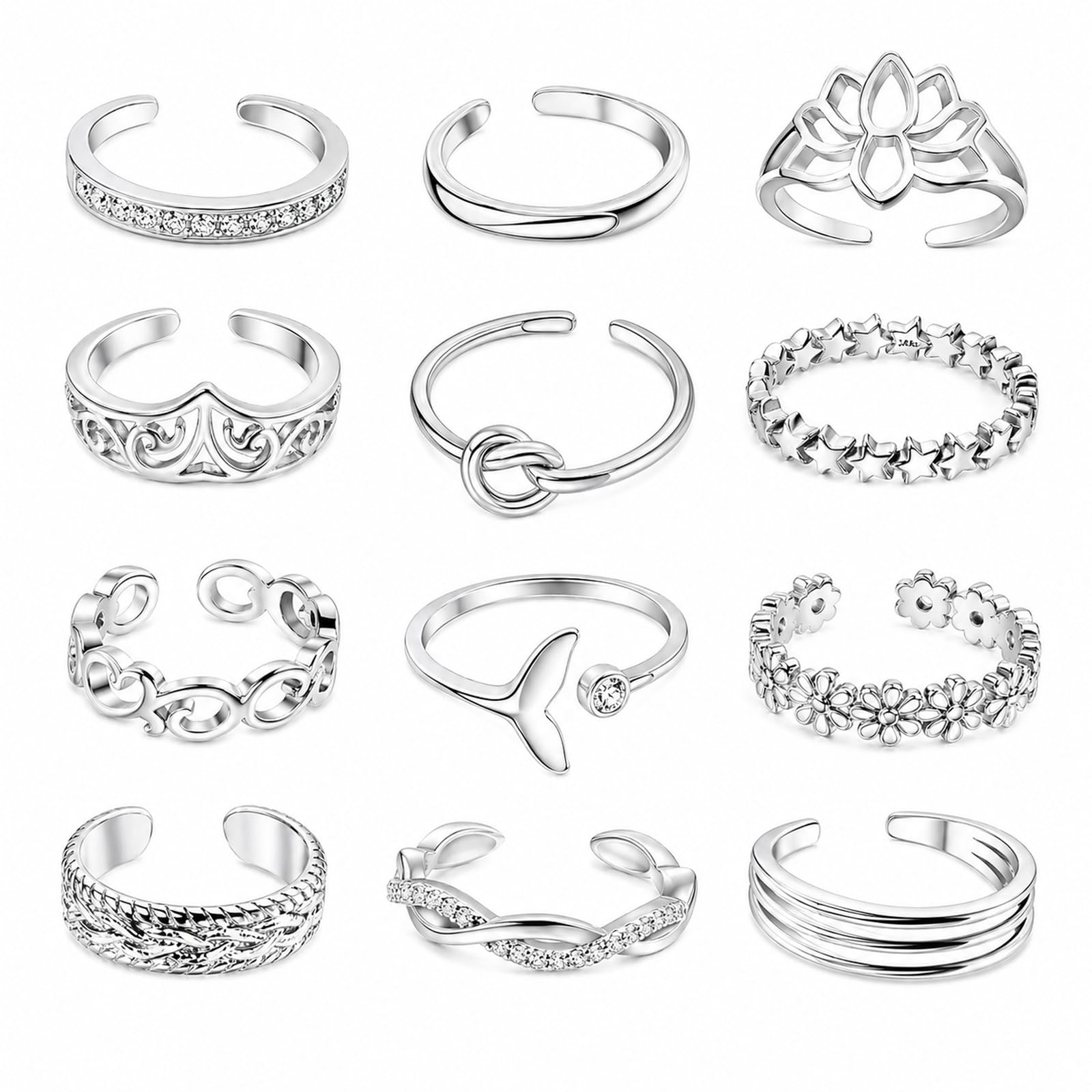 12PCS Toe Rings for Women 14K Gold/Silver Plated Adjustable Toe Ring Set Open Heart Arrow Infinity Rings Beach Foot Jewelry for Summer