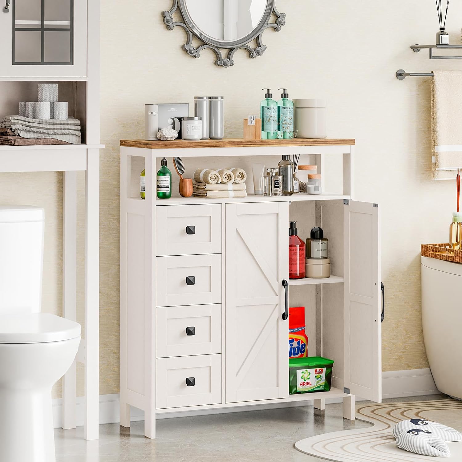 Befrases Farmhouse Storage Cabinet with 2 Doors and 4 Drawers, Freestanding Bathroom Cabinet Kitchen Pantry, Floor Storage Cabinets Hutch Cupboard for Kitchen/Living Room/Bathroom （Unique White）