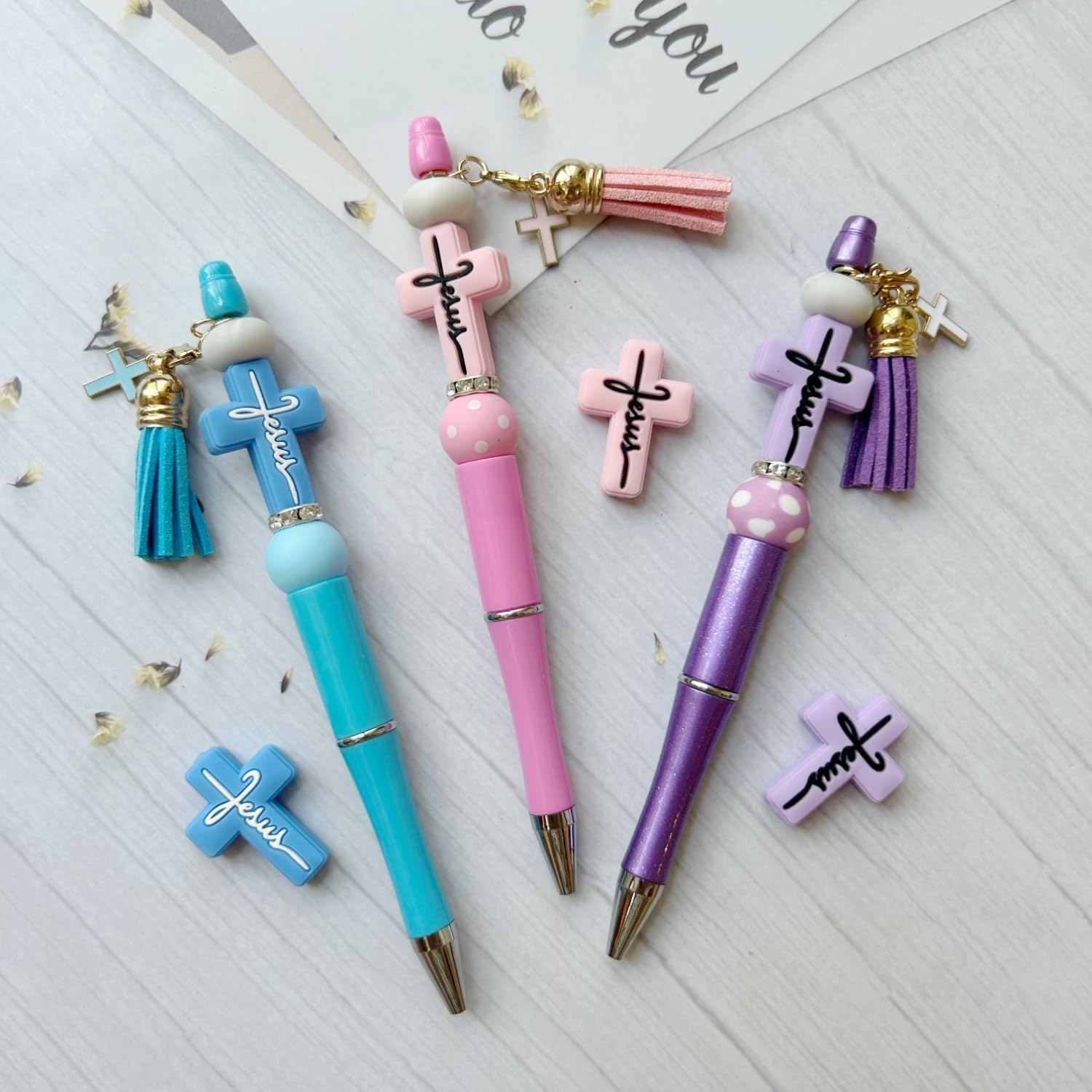 Cross Themed Beadable Pens Bulk Bead Pens with Assorted Colors Beads Christian DIY Pen Making Kit Ballpoint Pen Black Ink for Women Students Office School (Cross)