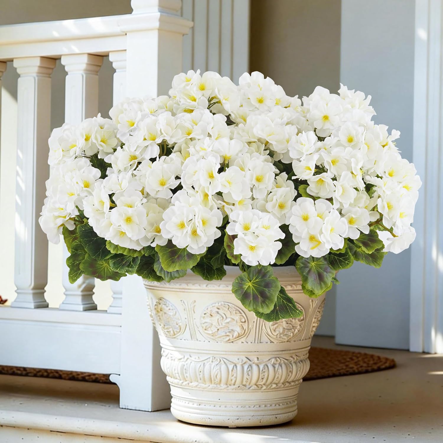 BonBloom's 6 Bundles Artificial Geranium Fake Flowers for Outdoors Decoration,UV Resistant Silk White Flower,Fake Plants for Front Door Porch Garden, Balcony Window Box Indoor Home Spring Decor