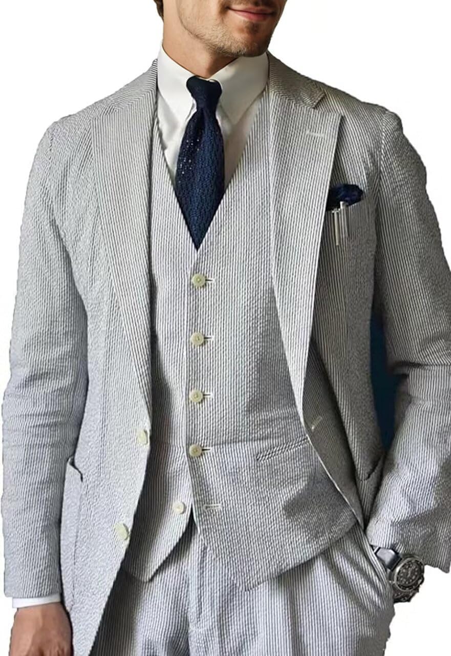 Amazon.com: Mrbuerly 3 Piece Men Seersucker Suits Set Slim