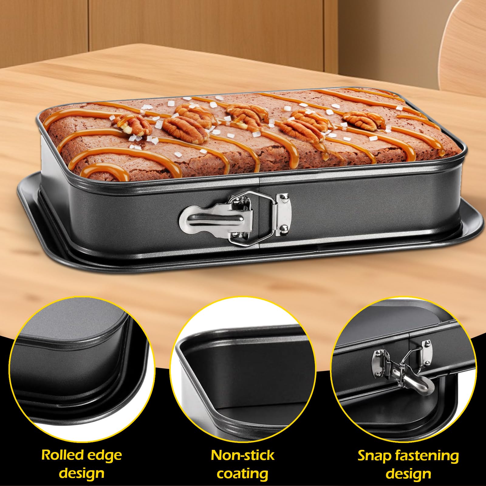 GAESHOW Stampo Apribile Rettangolare 33x23 cm, Tortiera Apribile, Teglia da Forno Rettangolare con Cerniera, Tortiera rettangolare Apribile, Fondo Salvagoccia, Acciaio al Carbonio, Nero