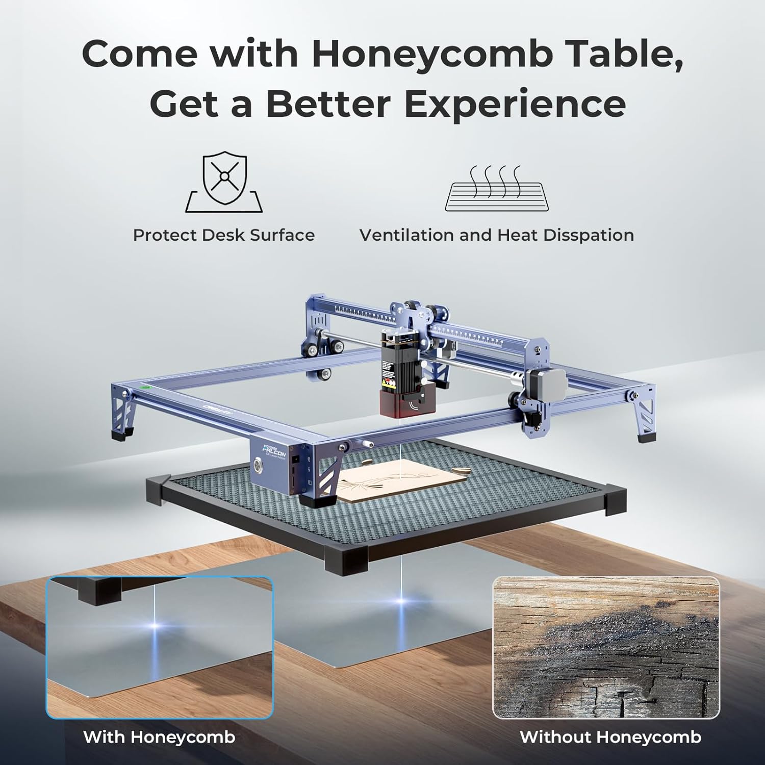 Honeycomb table for laser engraver, showing benefits of desk surface protection and ventilation.
