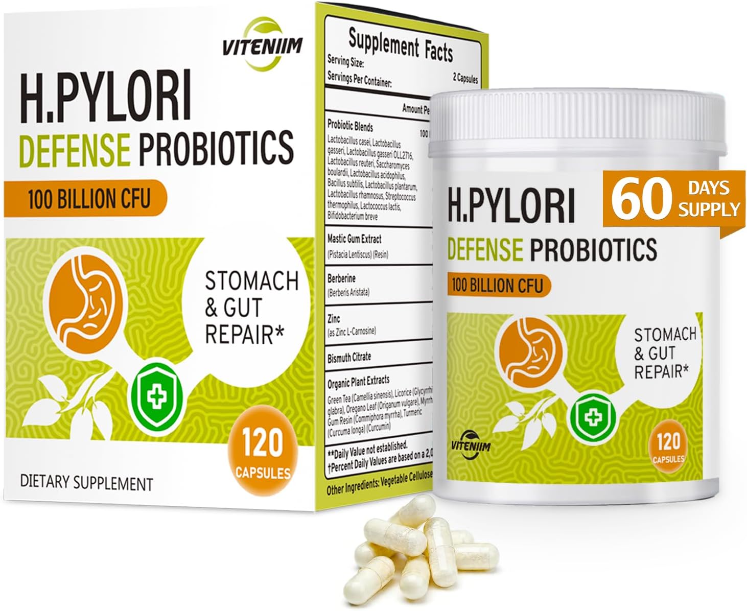 Helicobacter Pylori Defense Probiotics – Formulated with Lactobacillus reuteri, Mastic Gum, and Berberine, 100 Billion CFU, Gastritis, Digestion & Gut Health for Stomach Comfort, Vegan, 120 Capsules.