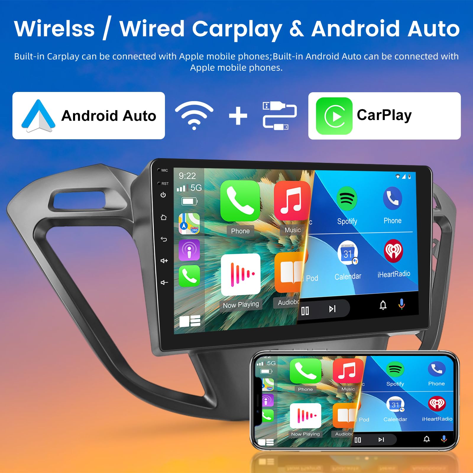 Radio de 4 + 64G para Ford Transit Custom 2013-2017 - Android 13 Carplay inalámbrico y Android Auto - Pantalla táctil de 9 Pulgadas con DSP WiFi GPS + Cámara de visión Trasera AHD y micrófono