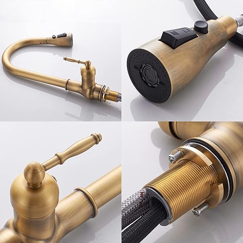 Miniatura 8 de MOGFCT Grifo de cocina de bronce antiguo de latón vintage, con rociador desplegable