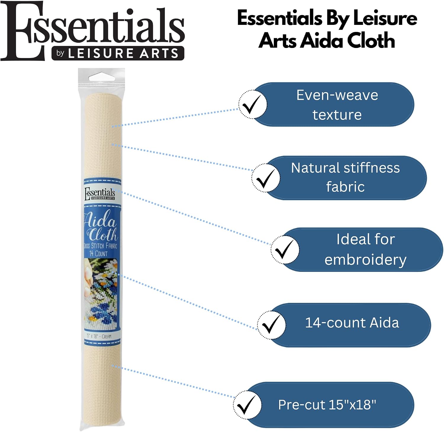 Essentials By Leisure Arts Aida Cloth, 14 Count, Cream, Cross Stitch Fabric, Embroidery Fabric, Cross Stitch Supplies for Crafting, Stitching, and Sewing Projects 15X18
