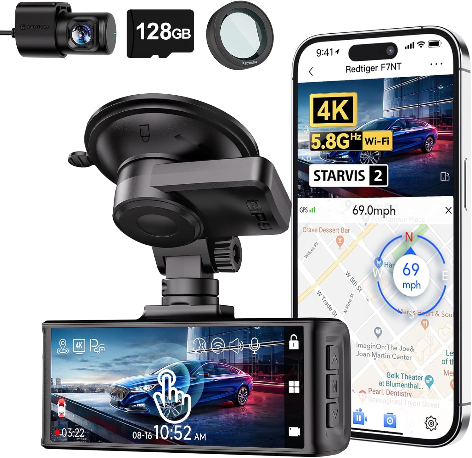 REDTIGER F7N Touch & Circular Polarizing Lens, 4K Dash Cam Front and Rear, STARVIS 2 Sensor, Touch Screen 3.18", 128GB Card Included, Voice Control, 5.8GHz WiFi Car Dash Camera, GPS, Night Vision