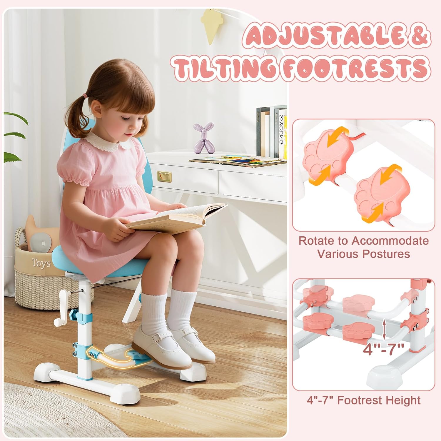 Costzon Kids Chair, Study Desk Chair with Ergonomic Double Backrest, Adjustable Seat Height & Depth, and Rotatable Footrest, Armless Kids Office Chair for Girls & Boys Aged 4-12 Years Old (Pink)