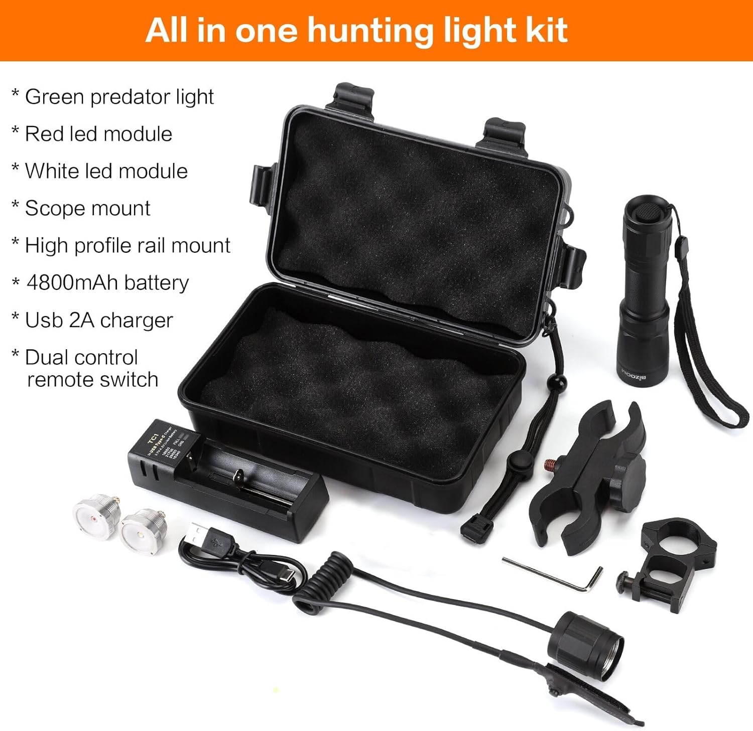 Upgraded KL75 Hunting Light Kit with Green Red White Interchangeable LED Modules, Zoomable Predator Light with Pressure Switch for Hog Coyote Varmint