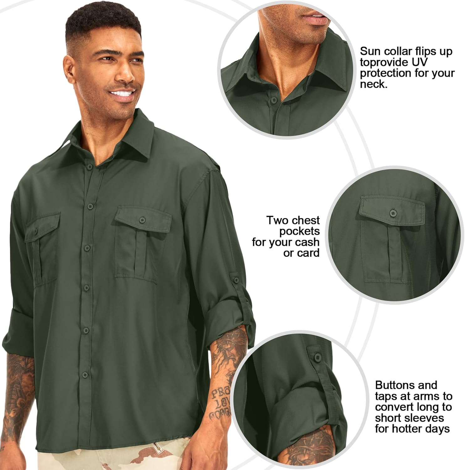 Men's Long Sleeve UV Sun Protection Shirt UPF 50+ Quick Dry Cooling Lightweight,Fishing Shirt for Safari Travel Camping Hiking(ArmyGreen S) - Image 3