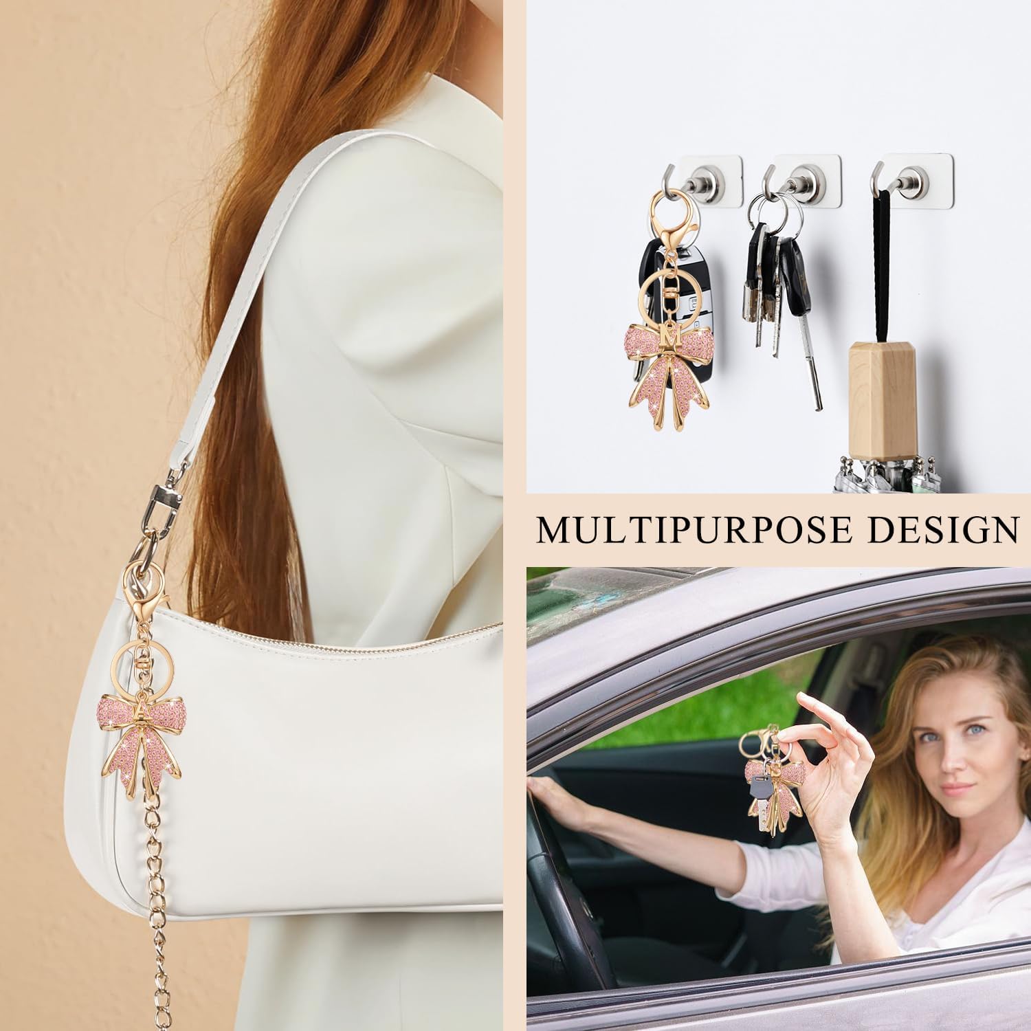 XGALBLA Sparkly Cute Initial Letter Rhinestone Bow Keychain for Women Gold Tone Bag Charms Coquette Aesthetic Purse Charms - Image 5