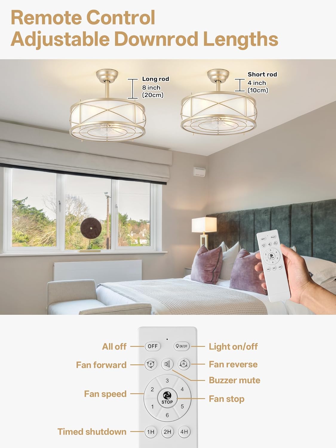 Gold Boho Fandelier Ceiling Fan with Light, 20" Gold Chandelier Ceiling Fans with Lights and Remote, Caged Boho Rattan with 6 Speeds for Living Room, Bedroom, Nursery