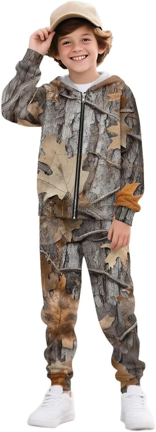 Boys Camo Print 2 Piece Long Sleeve Hooded Sweatshirt Jogger Pants Set Fall Winter Tracksuit for Kids 6-15Y