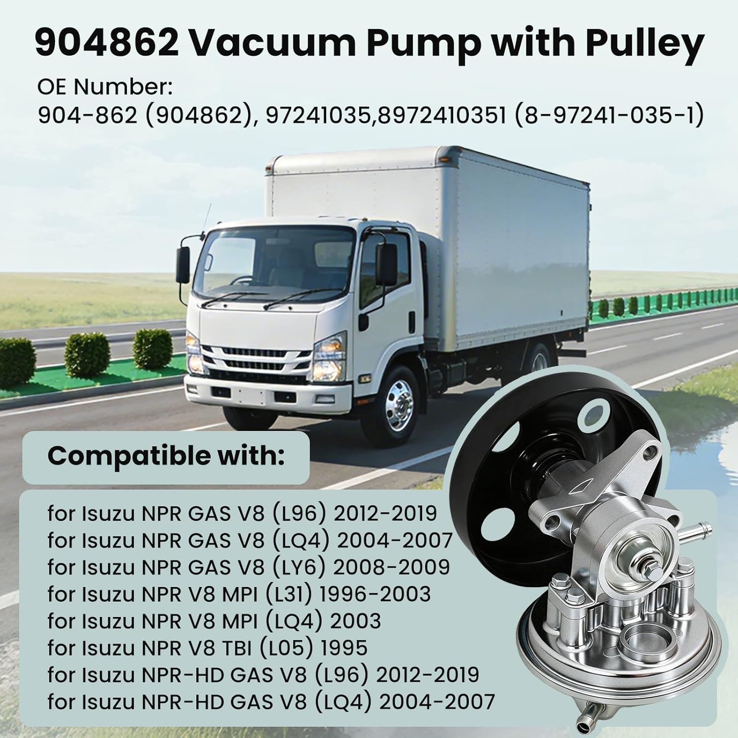 Brake Vacuum Pump with Pulley Compatible with Isuzu NPR-HD NPR Gas V8 L96 LQ4 LY6 L31 L05 3.0L-6.0L 1995-2020, Replaces 97241035 8972410351