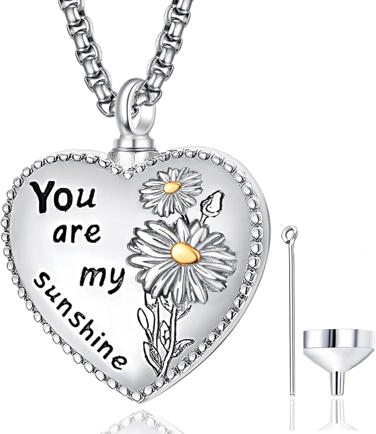 Heart Cremation Urn Necklace for Ashes for Women 925 Sterling Silver You Are My Sunshine Sunflower Daisy Flower Memorial Pendant Keepsake Jewelry Gifts