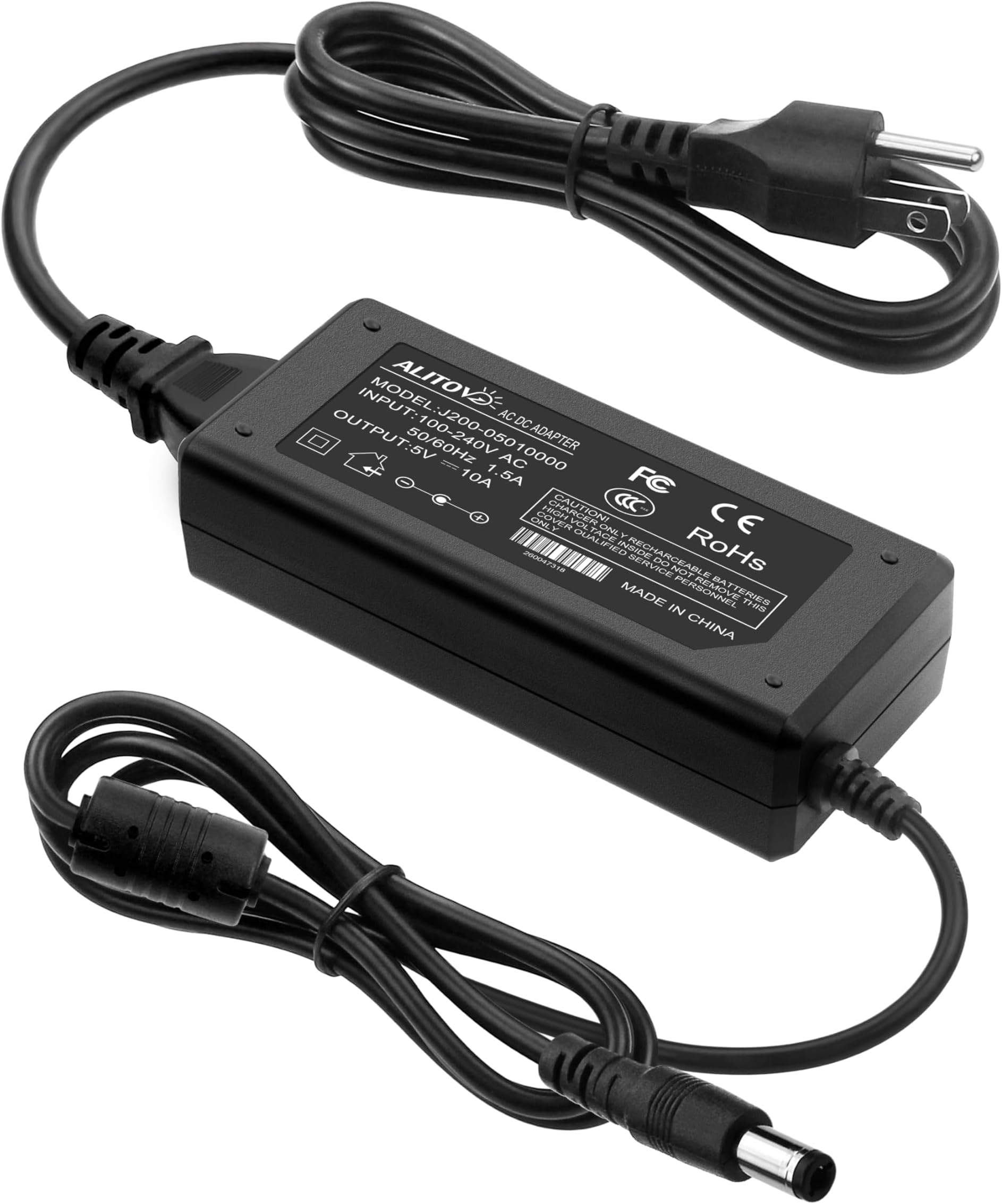 ALITOVE 5V 10A Power Supply Adapter AC/DC Converter 100-240V AC to DC 5 Volt 50W 10Amp 9A 8A 7A 2A Transformer with 5.5x2.5mm Plug for WS2812B WS2813 WS2811 W2813 SK6812 LED Strip Pixel String Light