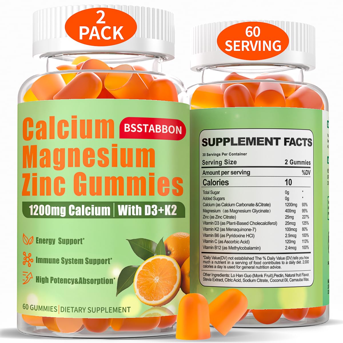 Calcium Magnesium Zinc Gummies: 1200mg Calcium Citrate with D3 K2 60 Count (Pack of 2)