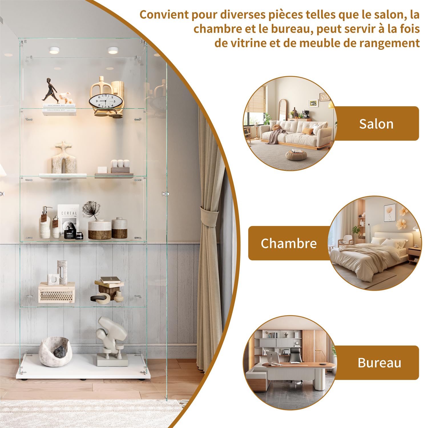 Vetrine in Vetro da Terra con LED,Vetrina Espositiva con 5 Ripiani in Vetro,Vetrinetta Soggiorno Moderna con 2 Porta e Serratura,Vetrina Espositore per Collezionismo,Libri,Vino,Bianco