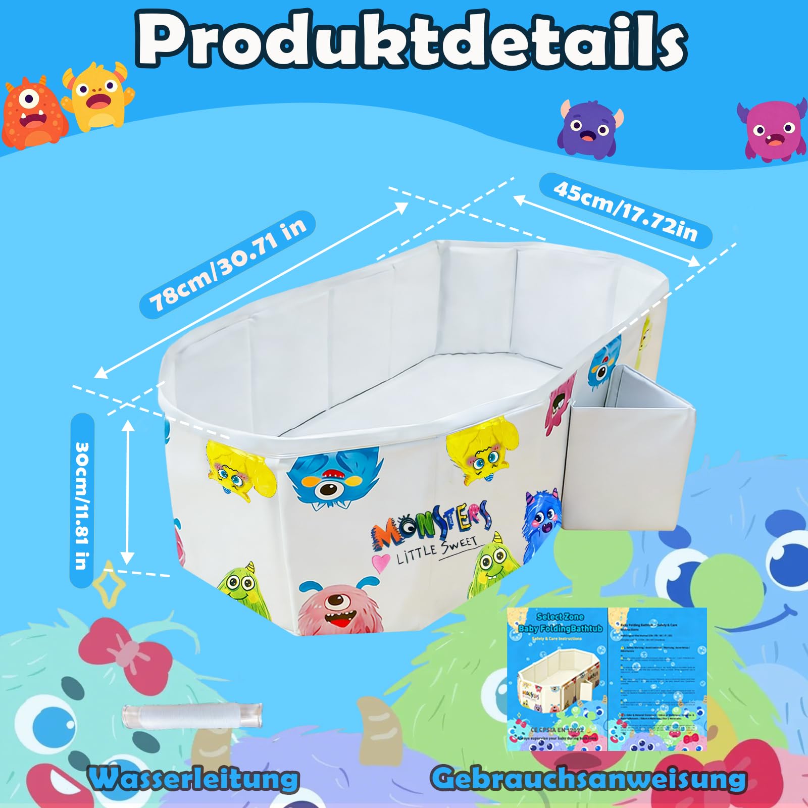 Baby Badewanne,Großraum Babywanne,Baby wanne im Monsterchen Motiv,Platzsparende Babybadewanne Faltbar,Tragbare badewanne kinder,Kinderbadewanne mit Ablassschraube für Kinder von 0-8 Jahre