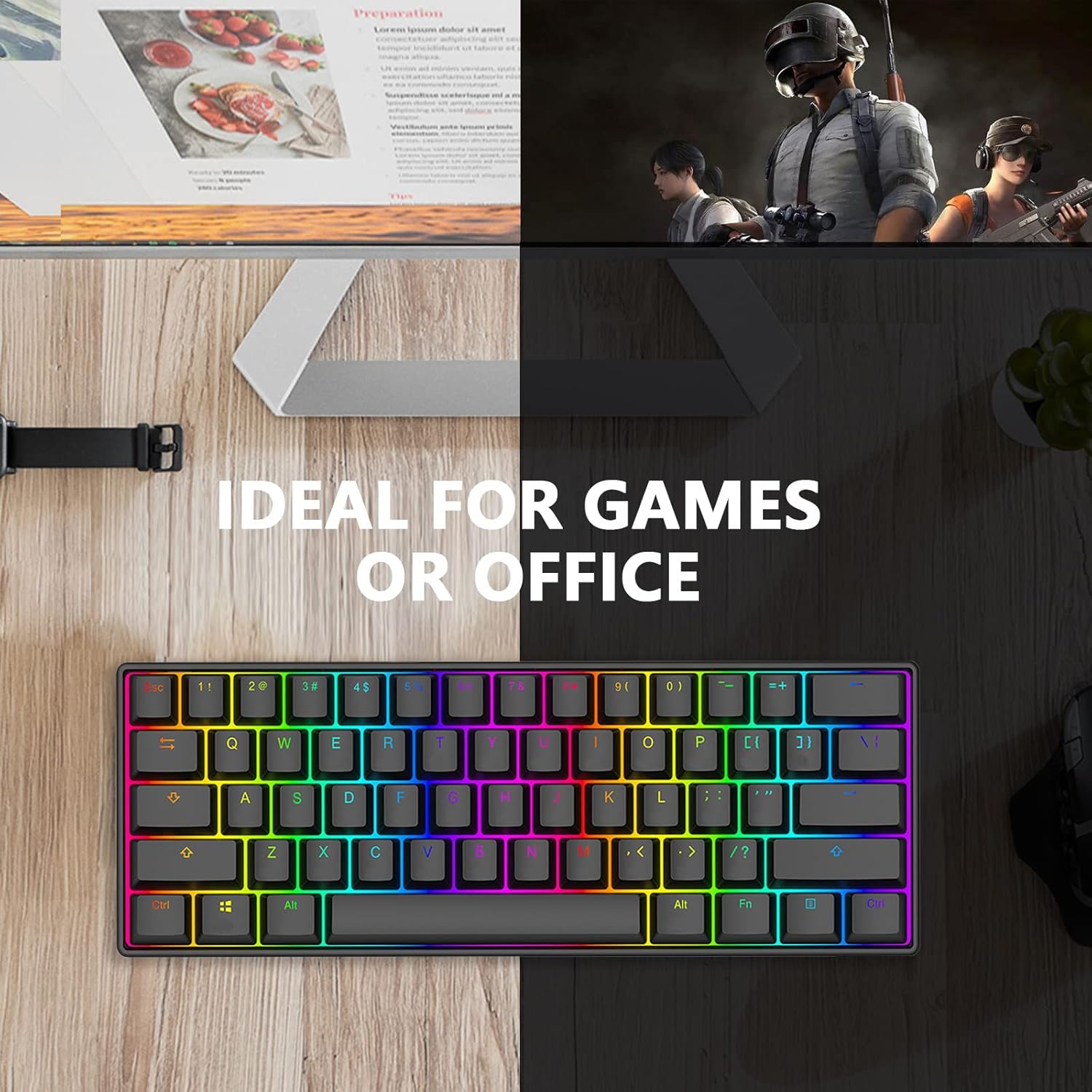 60% Mechanical Gaming Keyboard,RGB Backlit Wired Ultra-Compact Mini Keyboard, Waterproof 61 Keys Keyboard with Brown Switch for Windows Laptop/PC/Mac