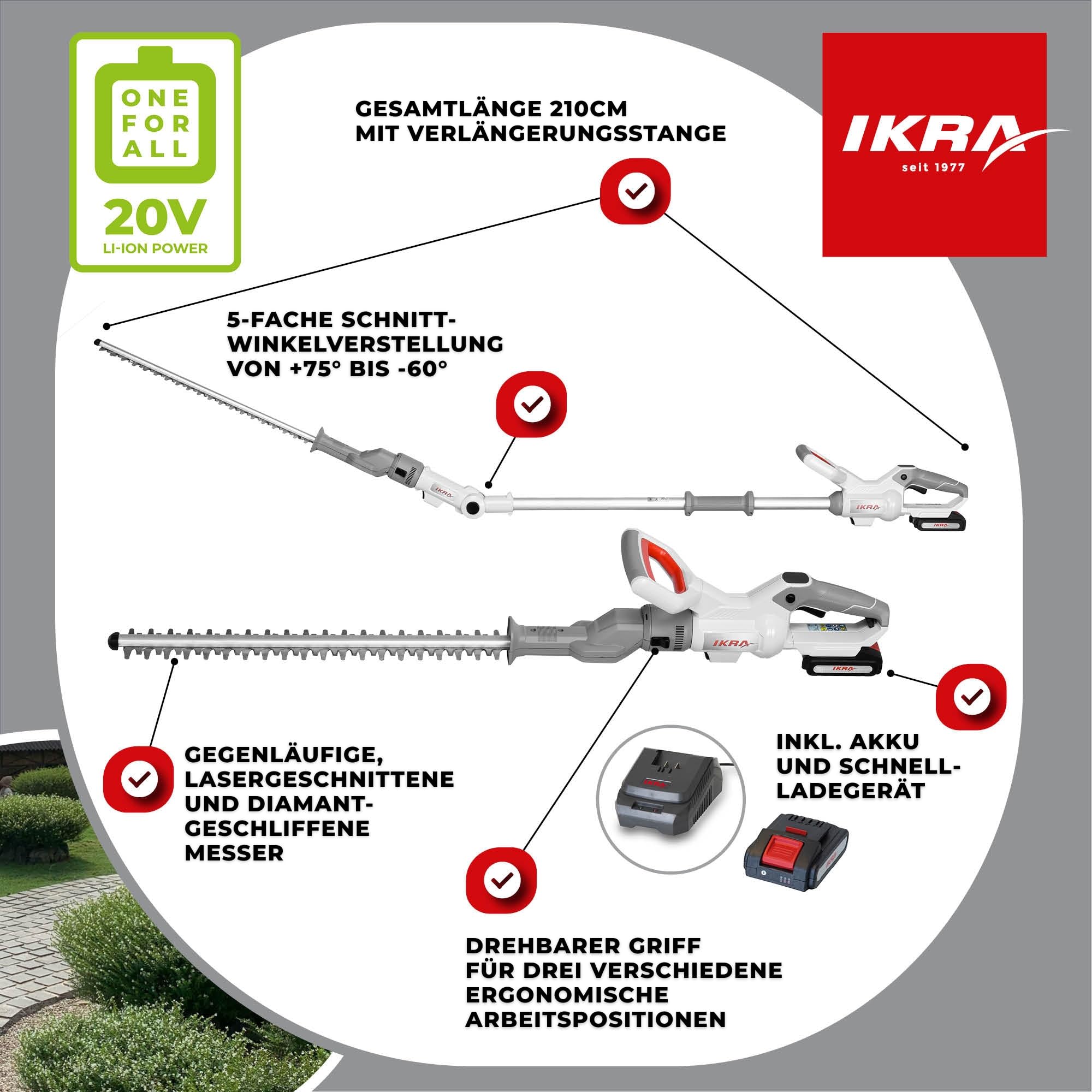 IKRA 2in1 Teleskop Heckenschere ICPH 2050, inkl 2 Akkus & Schnelllader | Einsetzbar für normale Hecken oder mit Teleskopierung für hohe Hecken, inkl. Schultergurt, 20 Volt Akku-Familie von IKRA