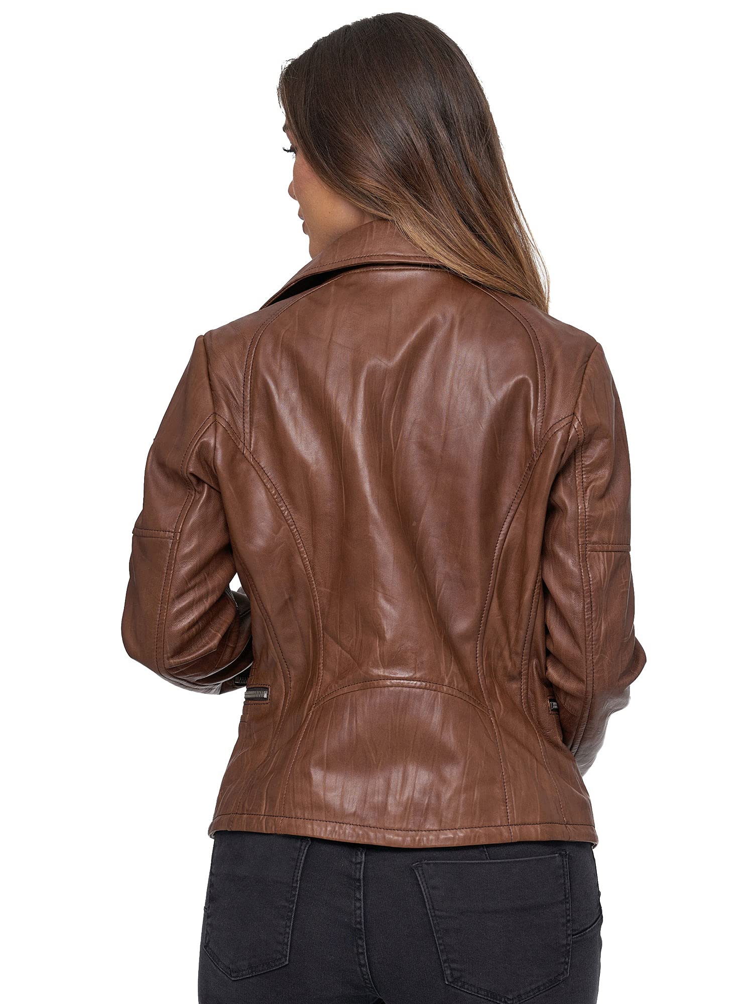 Tazzio Chaqueta de piel moderna y atemporal para mujer en aspecto motero con cuello de solapa F501