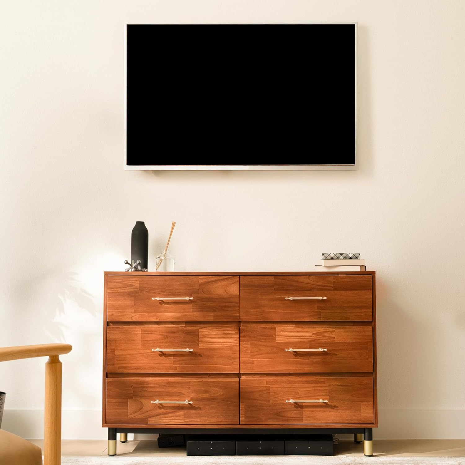 Walnut Dresser for Bedroom, 6 Drawer Brown Wood Dresser with Modern Storage Organizer, Wide Chest of Drawers for Closet, Clothes, Living Room