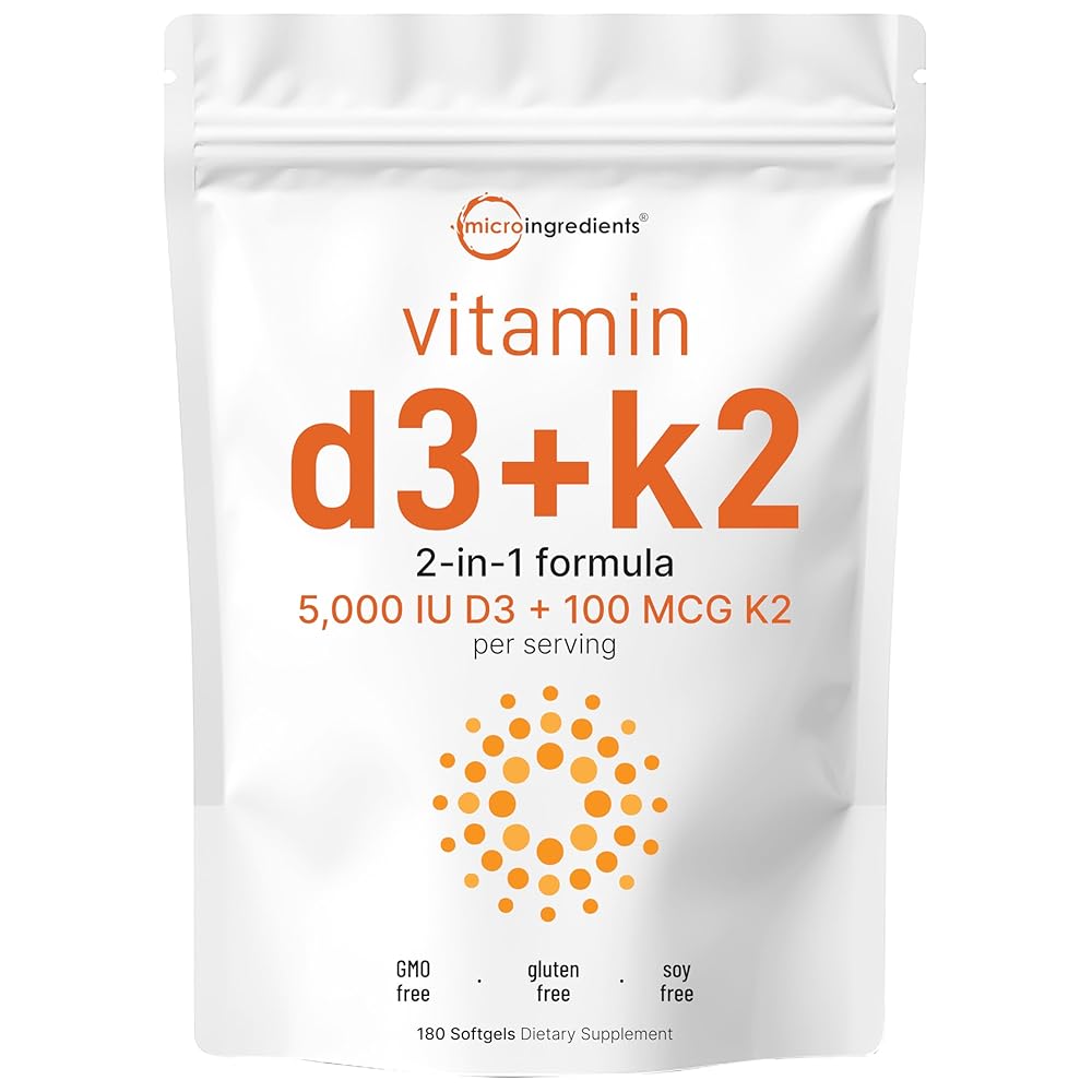 Micro Ingredients Vitamin D3 5,000 IU + K2 MK-7 100 mcg, 180 Softgels | 2-in-1 Bone, Immune & Heart Support | Easy to Swallow, Non-GMO
