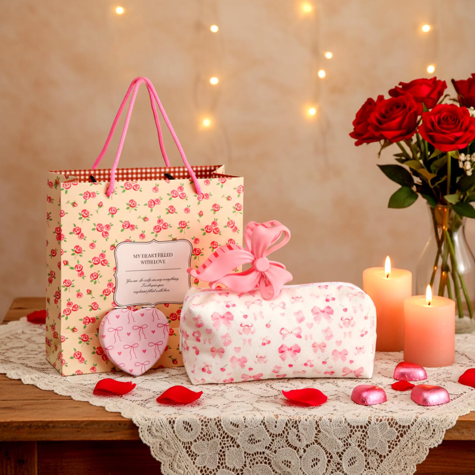Suncalla 24 Pcs Galentine's Day Gifts Bulk Pink Bow Bags Gifts Set for Women Coquette Basket Hair Clips Mirror Bowknot Canvas Cosmetic Bag for Mothers Friend Bridal Shower Birthday