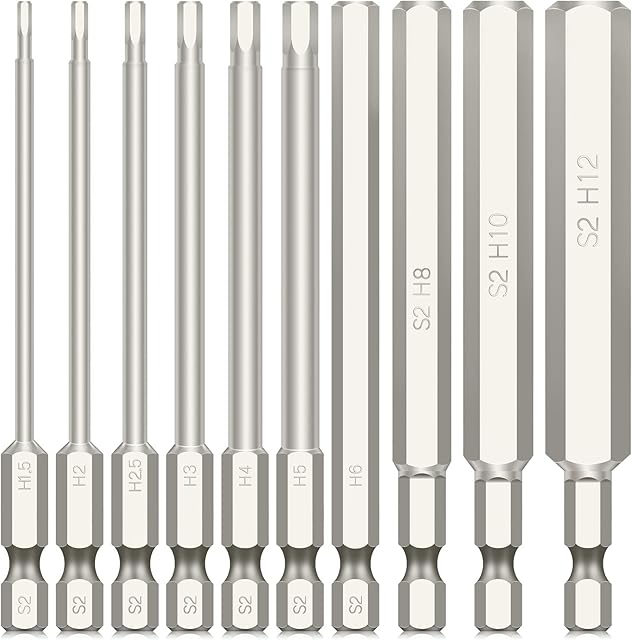 10PCS 100MM Metric Allen Key Hex Screwdriver Bit Set, 1/4 Inch Hex Shank Allen Wrench Drill Bit Set, 1.5MM-12MM Magnetic Quick Release Extension Bit Holder Set for Assembling IKEA Furniture(Silver)