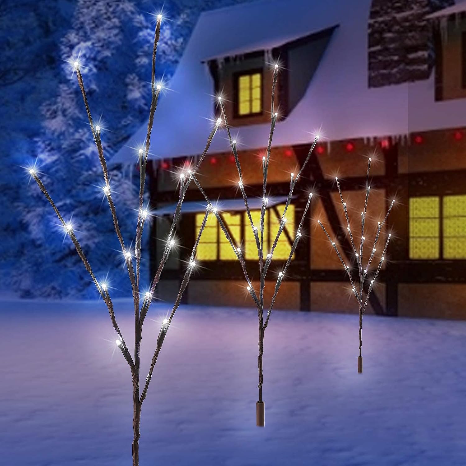 Lighted Branches for Vases Plug in - 3 Pack 24Inch 60 LED Christmas DIY Twig Pathway Lights, Artificial Tree Bendable Xmas Fairy Lights with Stakes for Outdoor Indoor Party Decoration, Pure White