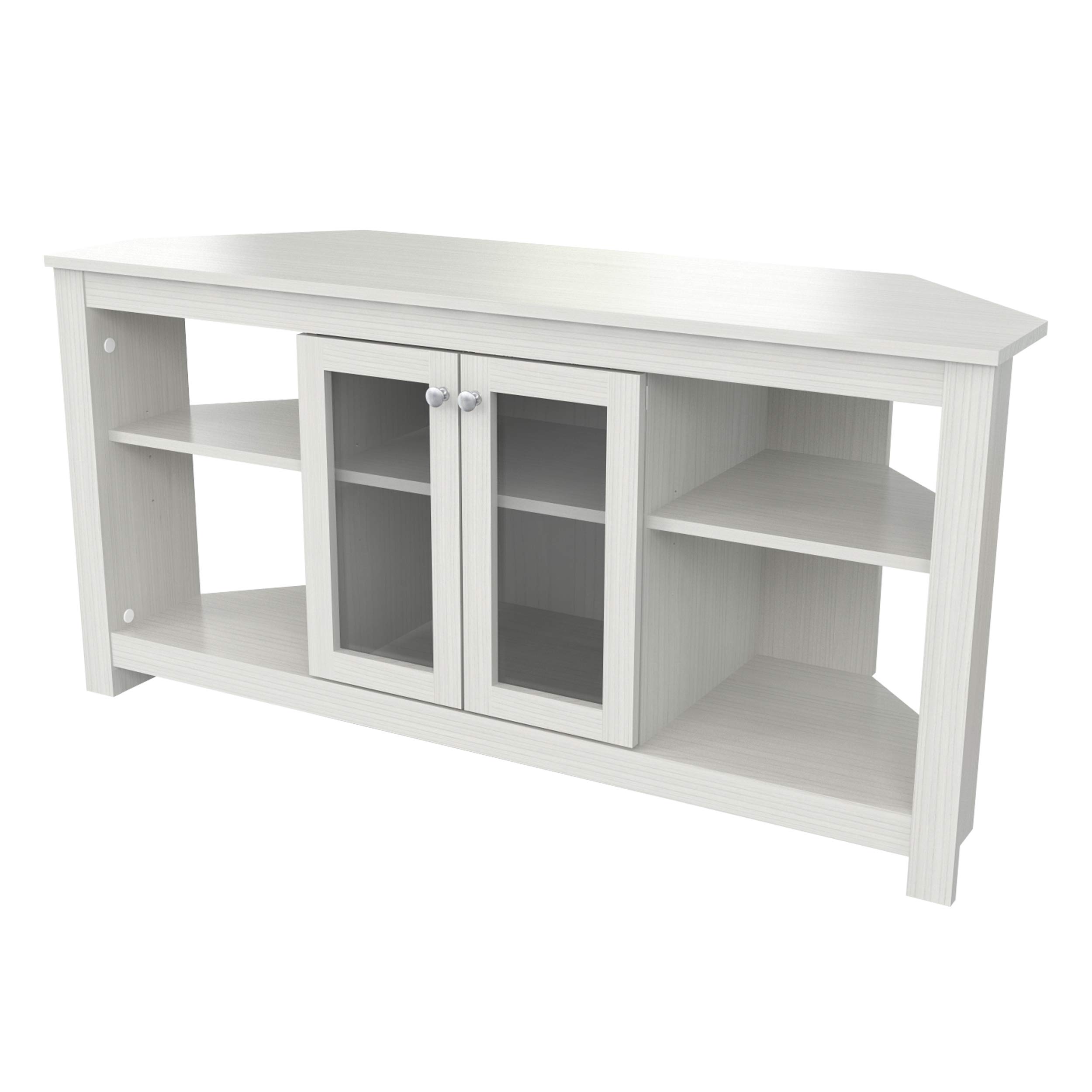 Inval Corner TV Stand with Glass Doors, Washed Oak