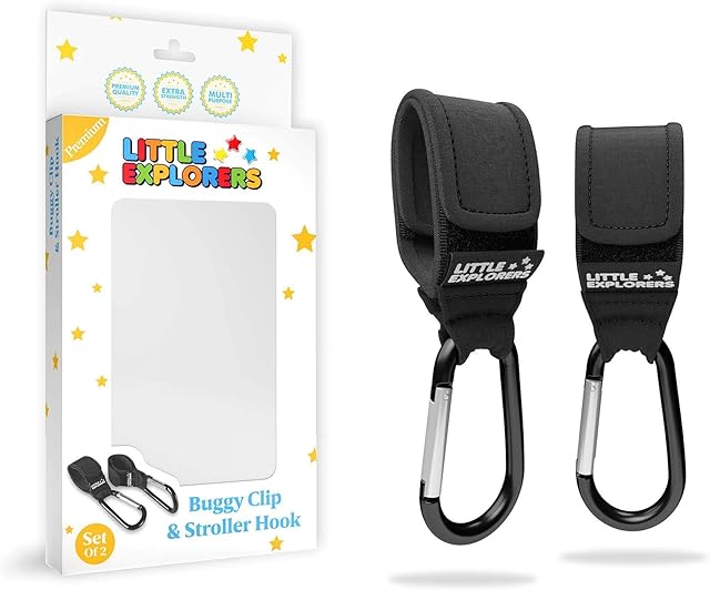Premium Buggy Clips by Little Explorers | Shopping Bag & Changing Bag Hooks for Pushchairs | Pram & Stroller Organiser Holders | Set of 2 Black Universal Fit Hooks
