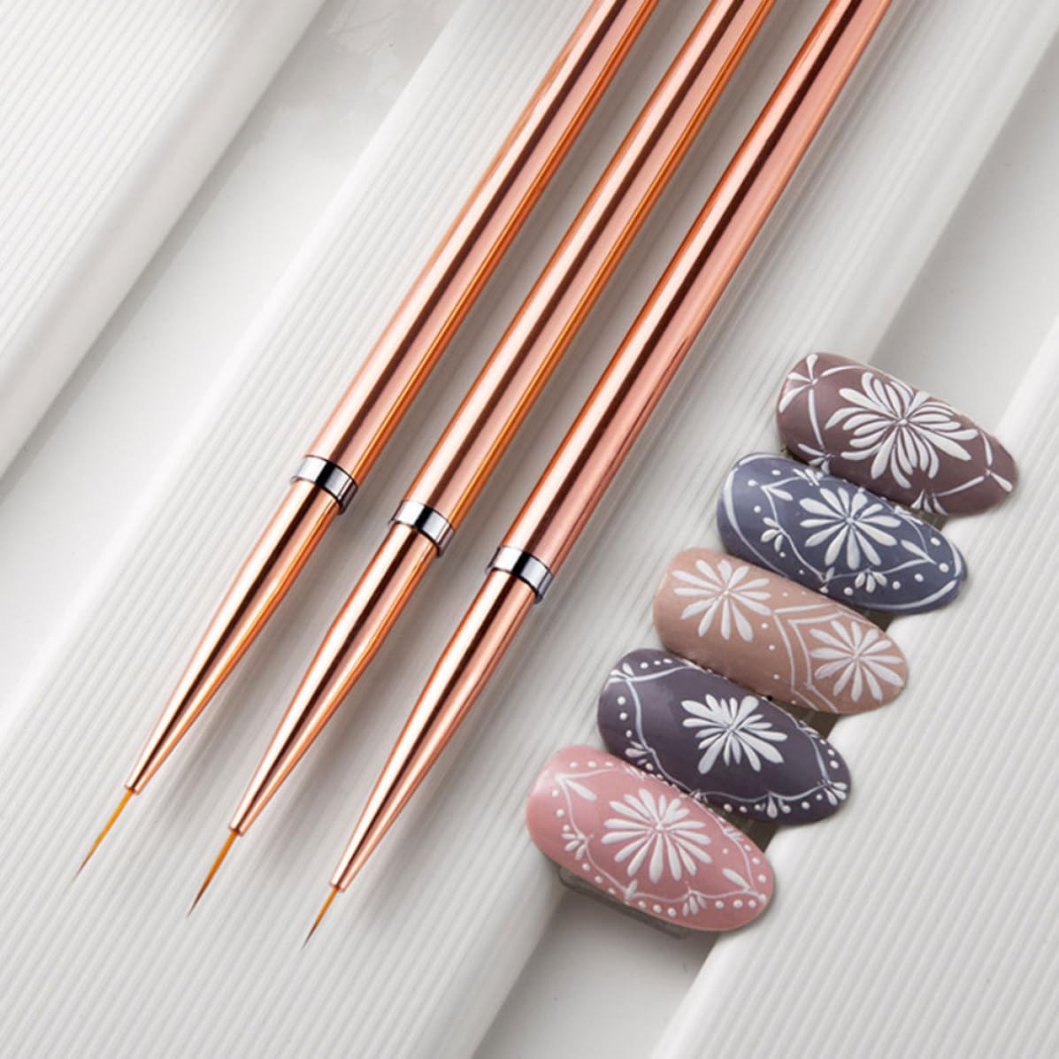 3pcs Rose Gold Nail Art Pens Set with Lid for Fine Line Detailing