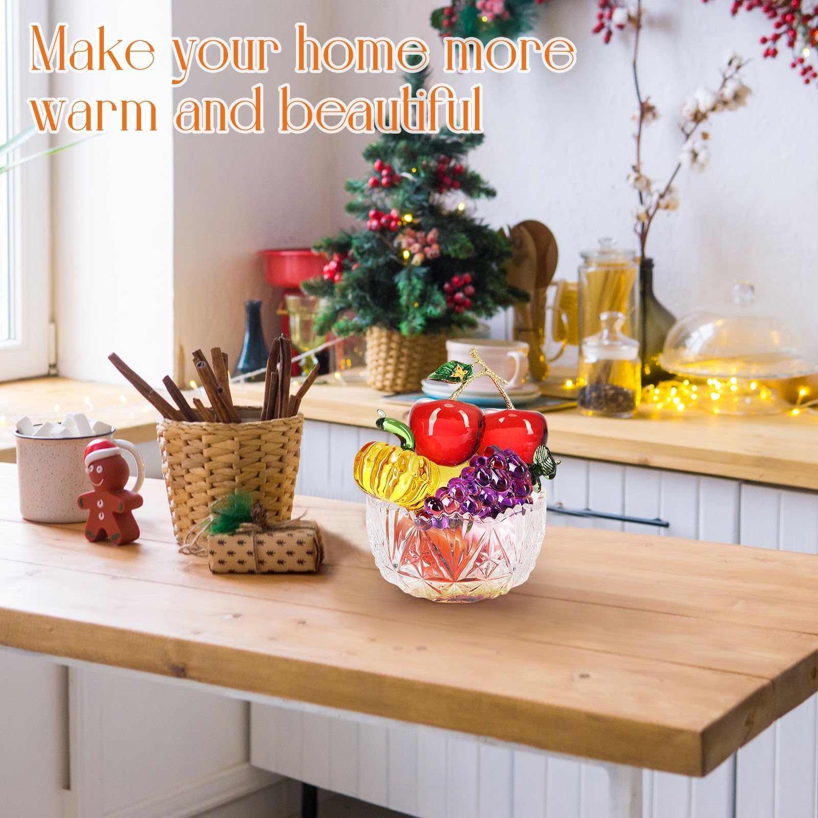 Reallnaive 6 Pcs Crystal Glass Fruit Decor Cherry Grape Persimmon Lemon Pumpkin Peach Figurine Collectibles Hand Blown Glass Fruit Decoration for Home Decor Gift for Wedding Birthday Wedding