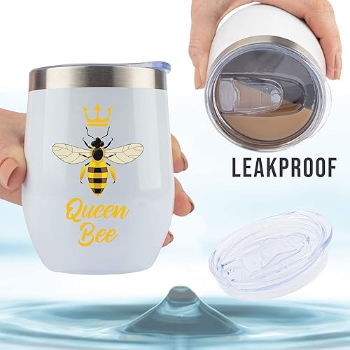 Miniatura 4 de JENVIO Regalos temáticos de abejas, Queen Bee, vaso de vino y café de acero inoxidable blanco de 12 onzas, incluye tapa, decoración para amantes de