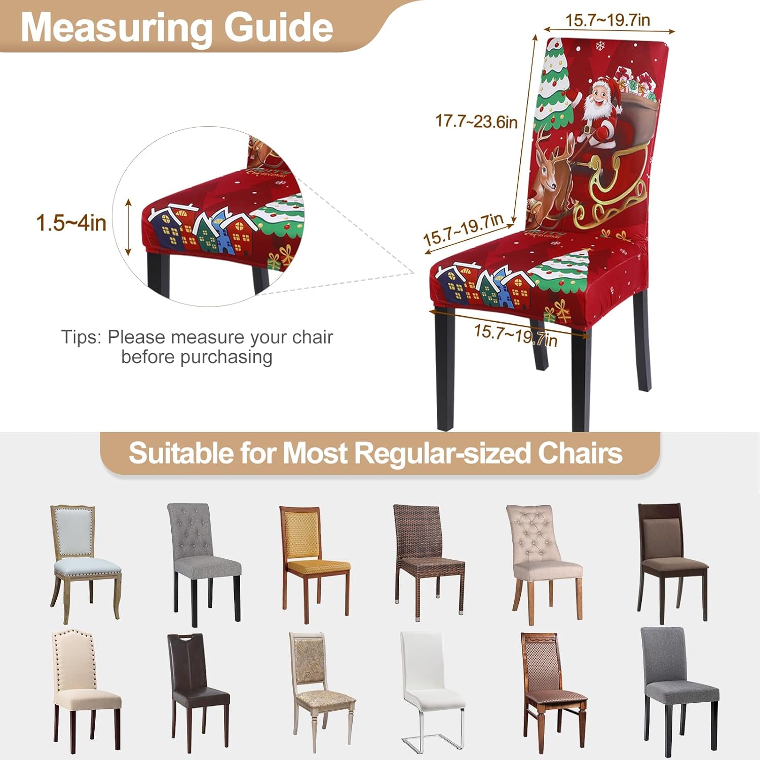 SearchI Christmas Dining Chair Covers Set of 6,Stretch Printed Kitchen Chair Cover Washable Spandex Xmas Parsons Chair Protector Slipcovers for Christmas Decoration,Holiday Party(Santa+Deer)