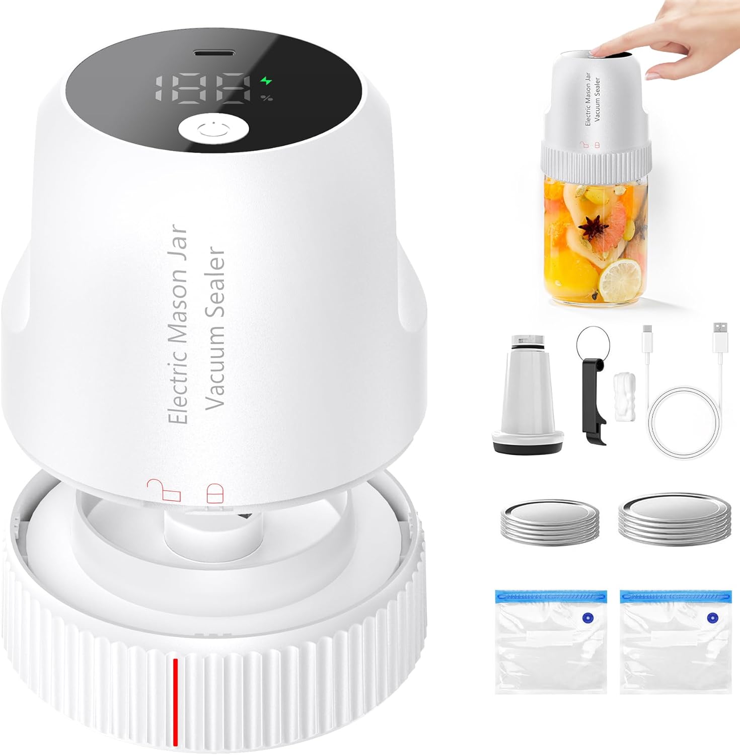 Electric Mason Jar Vacuum Sealer Kit, Cordless Handheld Vacuum Sealer for Wide Mouth & Regular Mouth Mason Jars, with Led Screen, Portable kitchen Food Storage and Canning