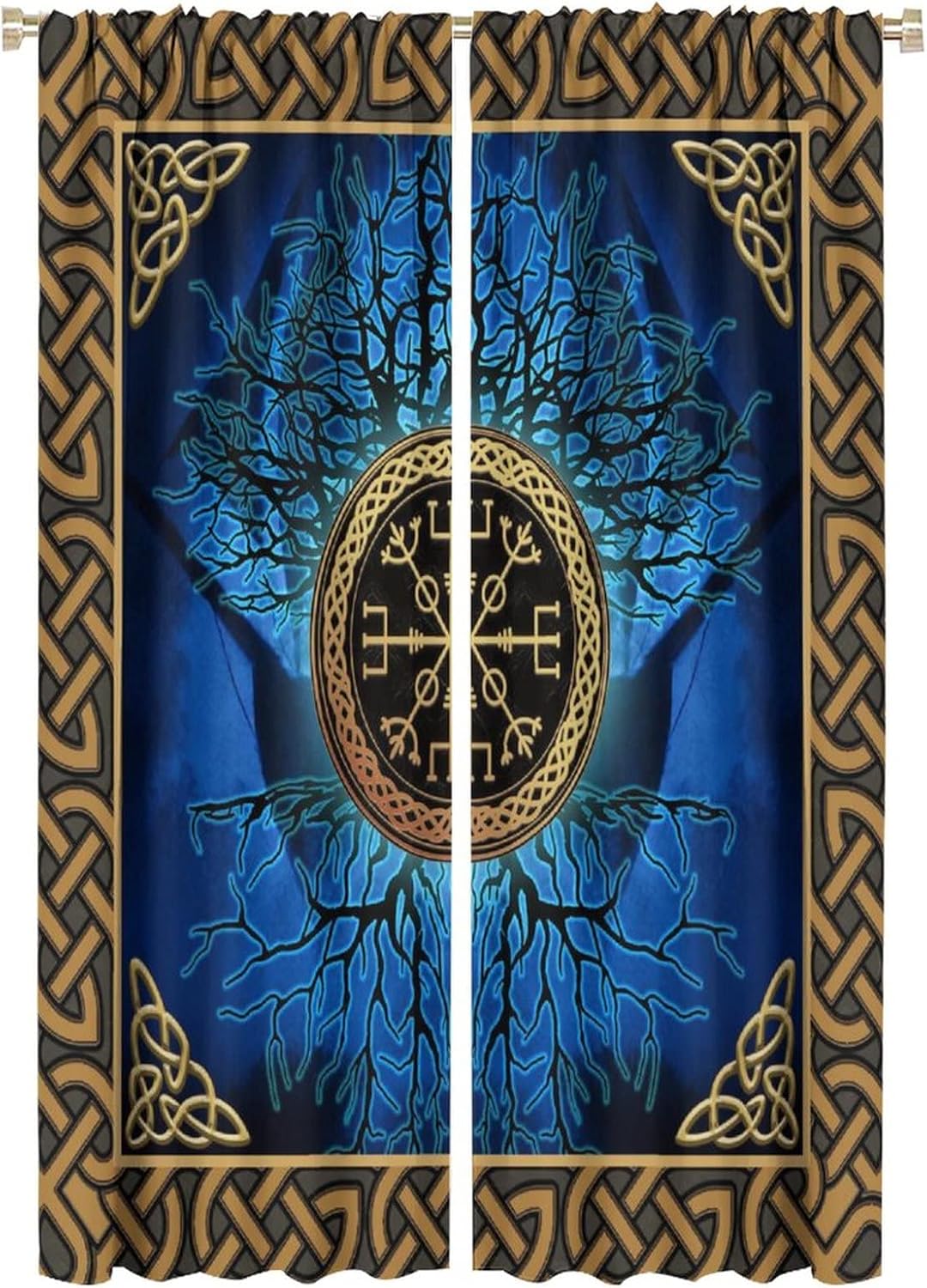 Abstract Retro Vikings Rod Pocket Blackout Curtains for Living Room,Thermal Insulated Cool Norse Mythology Mystical Symbol Viking Window Treatment,2 Panels 63L x 21W