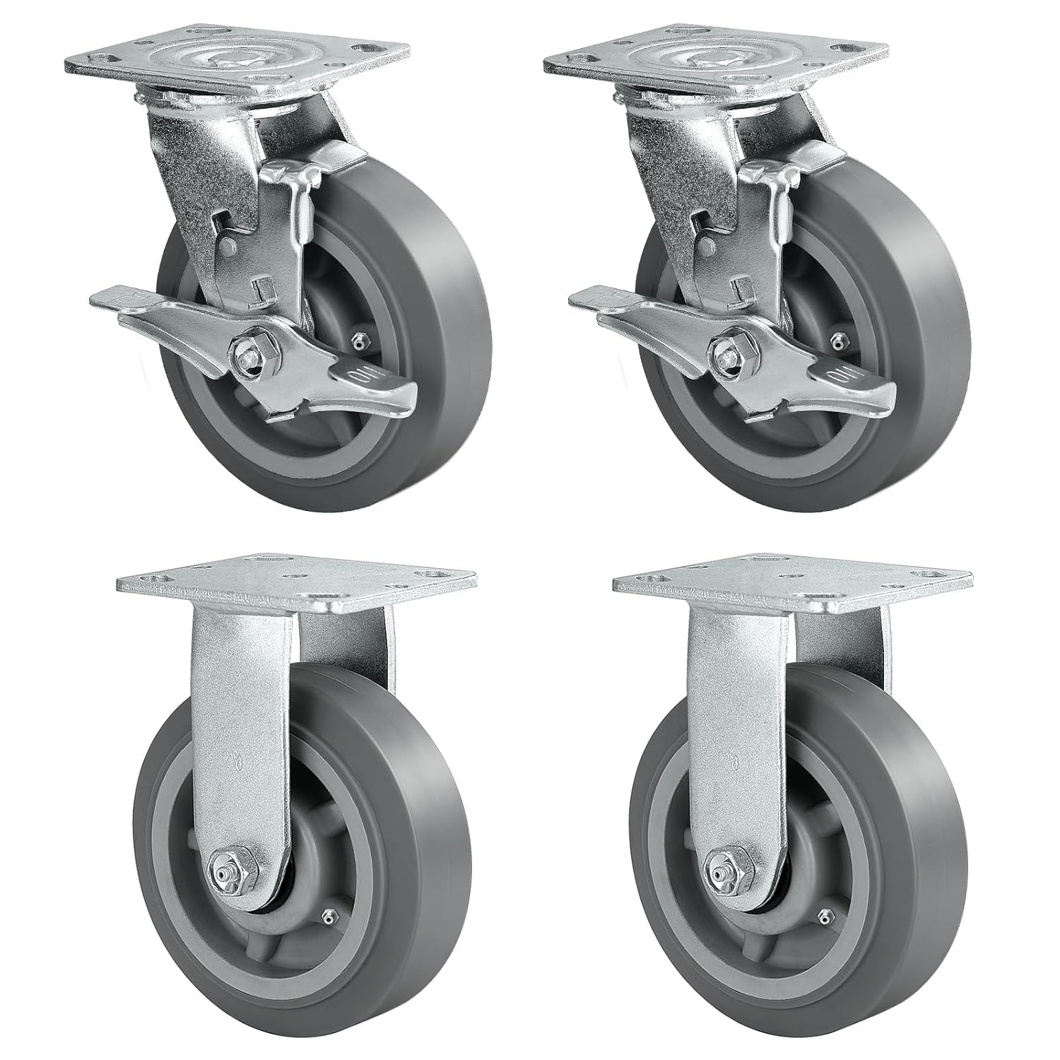 6x2 Heavy Duty Caster Wheels -Industrial Caster Wheels, Rubber Wheels（Flat Tread）- Set of 4 with up to 2200 LB Capacity - Use for Dollies, Workbench (2 Brake &2 Rigid)
