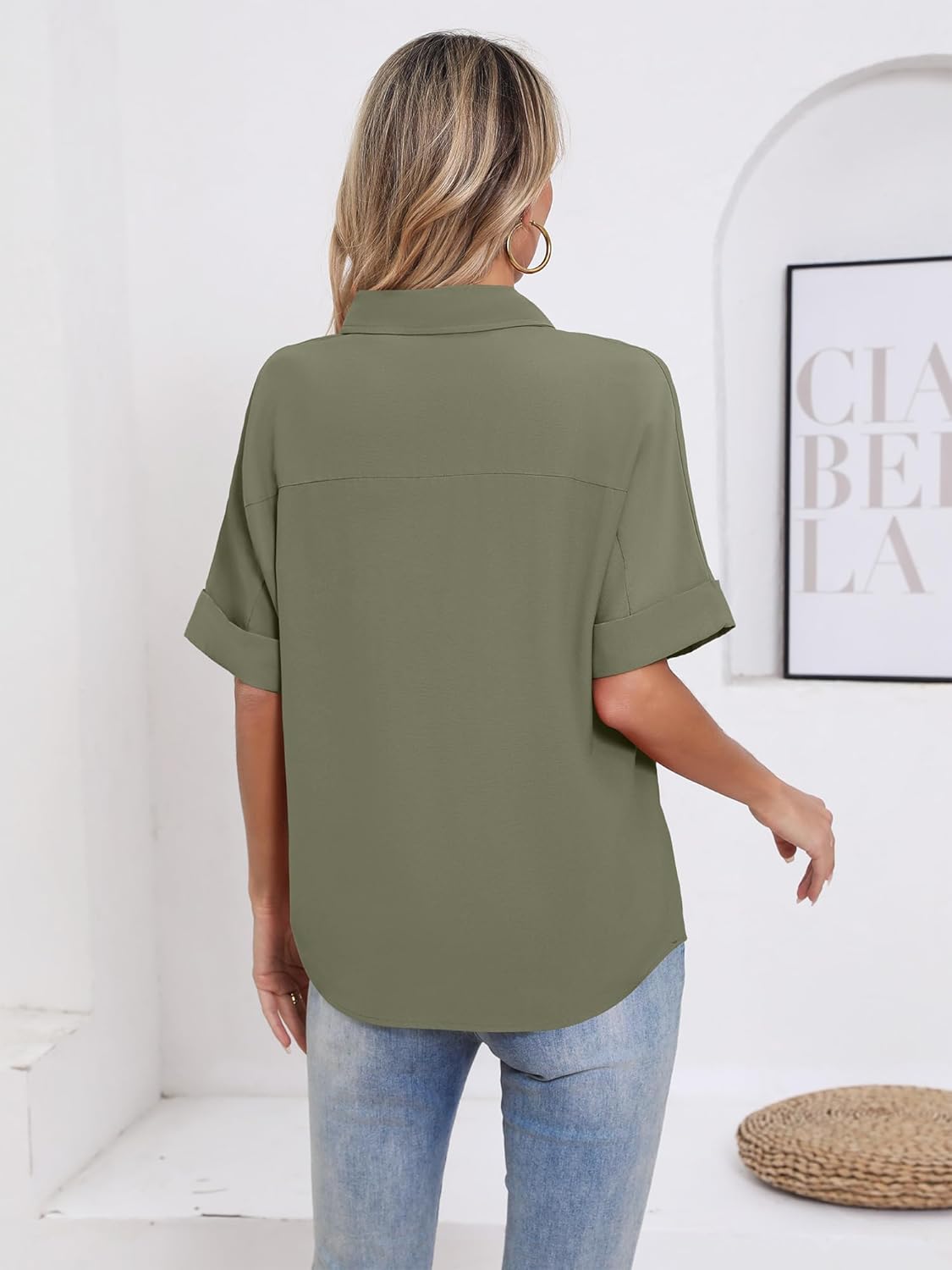 Womens Business Casual Shirts Short Sleeve Collared V Neck Work Blouses Loose Fit Casual Tops Army Green Large - Image 4