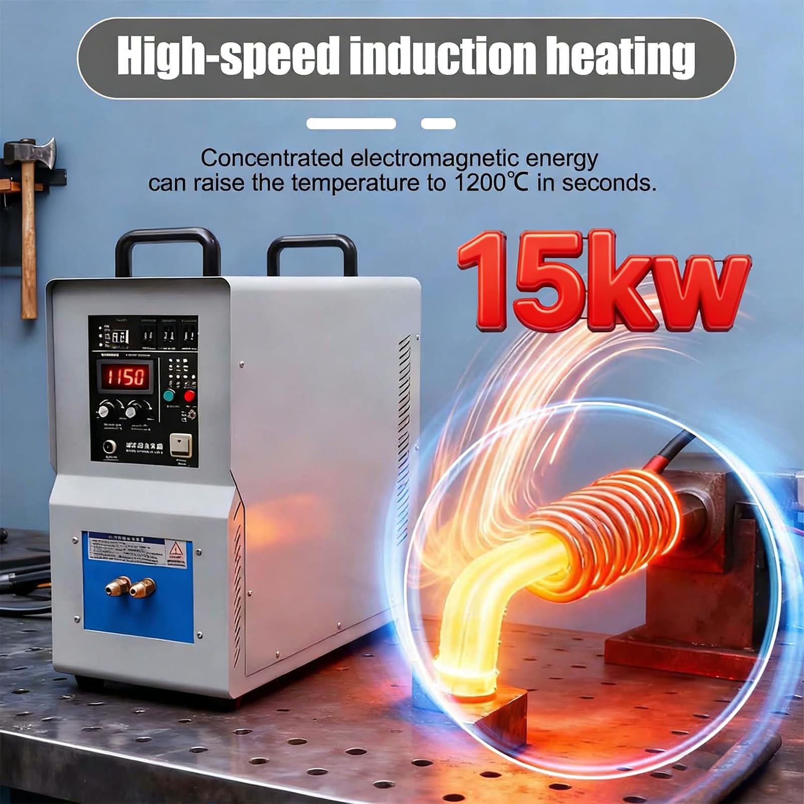 Indukcyjny system obróbki cieplnej, nagrzewnica o wysokiej częstotliwości 15 kW, praca 220 V, zakres częstotliwości 30–100 kHz, funkcja natychmiastowego rozruchu, temperatura 40°C – 2000 °