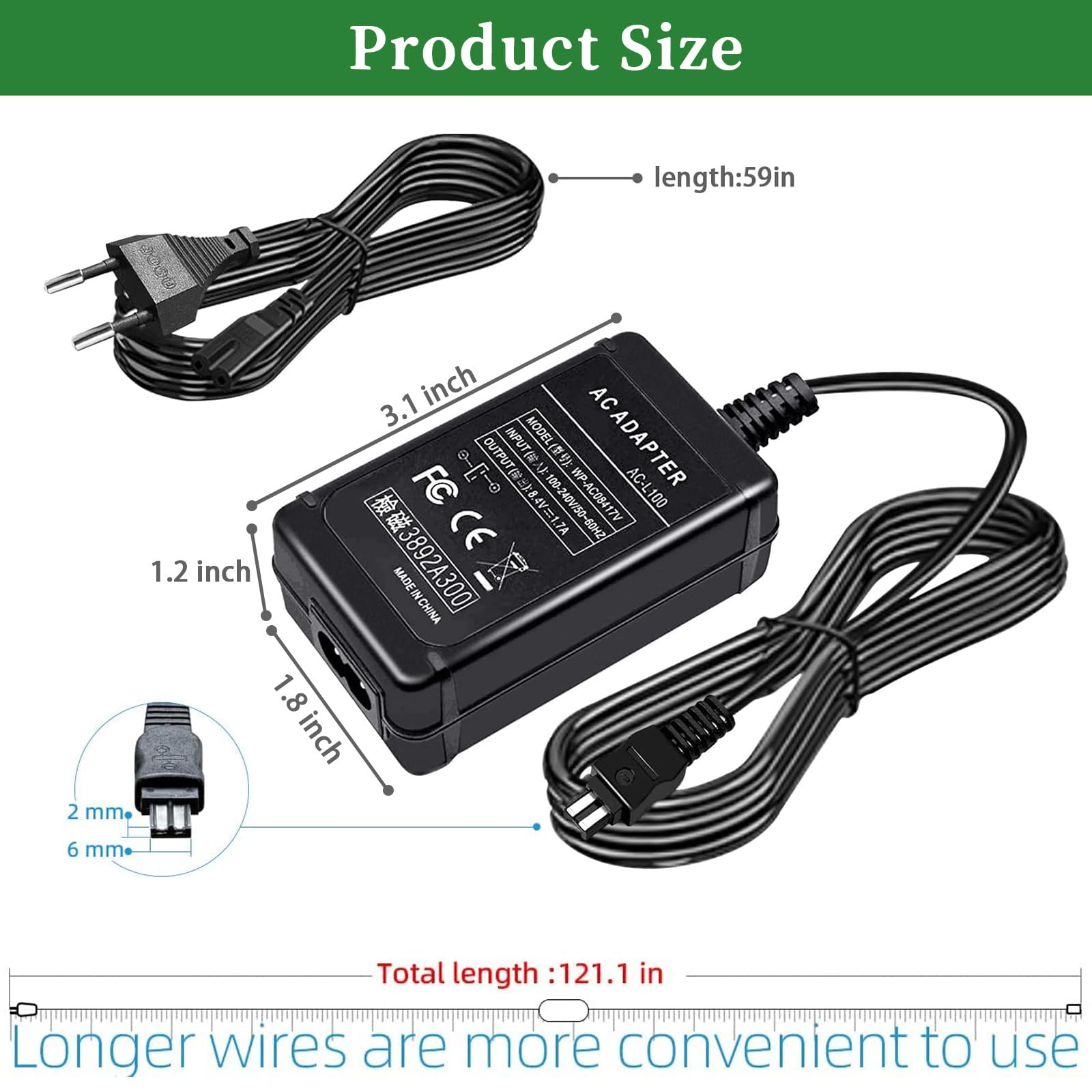 Alimentatore AC-L100 Alimentatore AC L100 Kit caricatore sostitutivo per Sony AC-L100 AC-L15 AC-L10 AC-15A AC-L10A Handycam DCR-TRV MVC-FD DSC-S30 DSC-F707 DSC-F717 DSC-F828 fotocamere