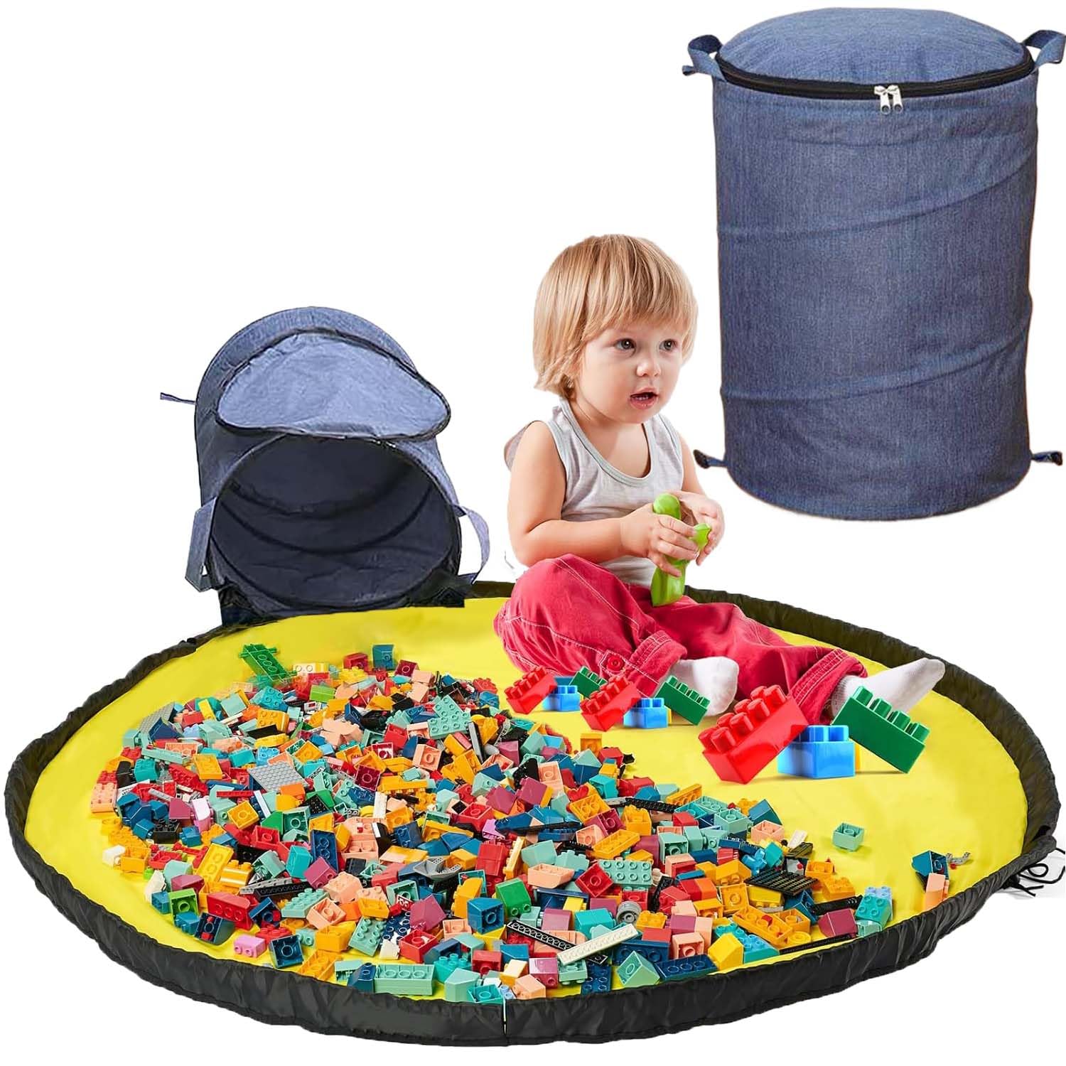 Borsa portaoggetti per giocattoli, mattoncini da costruzione, con tappetino da gioco e coperchio, contenitore con tappeto da gioco, cestino per la cameretta dei bambini, regalo per bambini