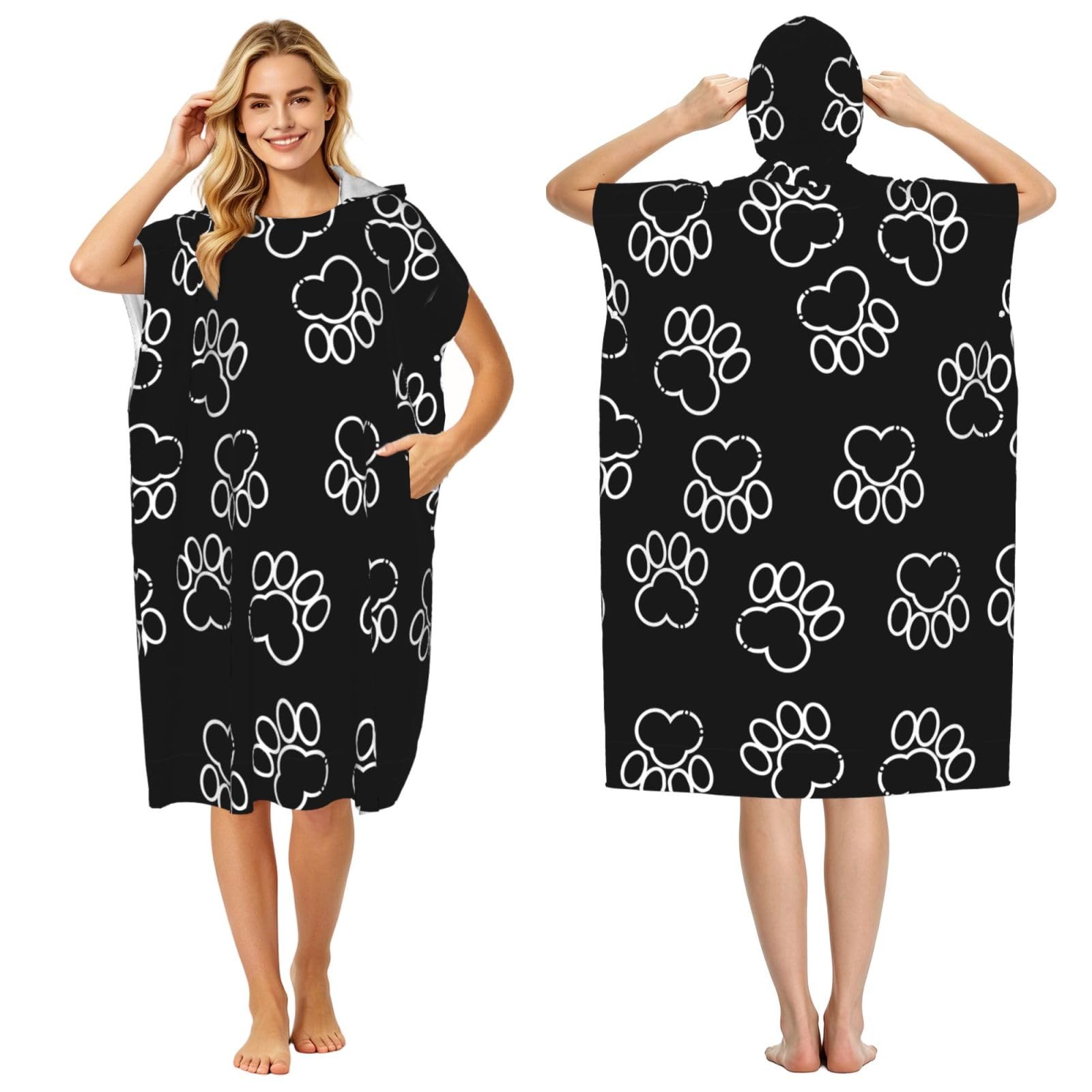 Poadnly Black Paws Print, Adult Hooded Beach Towel 90 x 110 cm,Changing Bath Robe, Surf Poncho Towel For Women Men