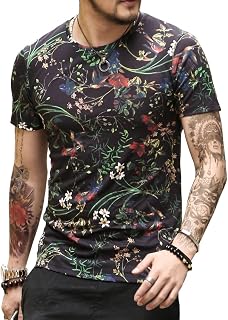 [ミックスリミテッド] Tシャツ メンズ 花柄 ボタニカル タイト 半袖 プリント Uネック Vネック 総柄