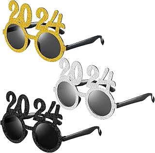 Flutesan 3 Pairs 2024 New Year Sunglasses Glitter 2024 Number Glasses Gold Silver Black Party Eyeglasses for New Years Eve Grad Party Supplies Favors