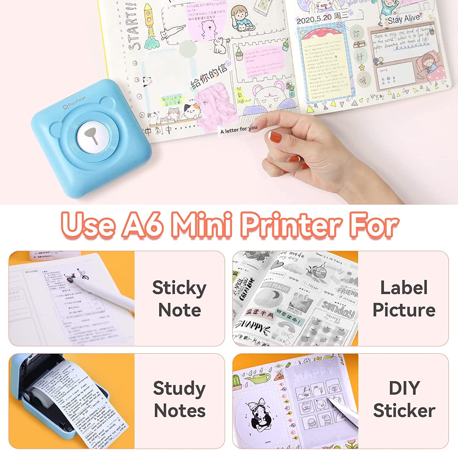 PeriPeri PeriPage A6 (HD 304dpi) Mini Thermal Printer (1Year Warranty) Inkless Bluetooth Pocket Printer for Print Picture List Memo Barcode Receipt Labels (Blue)